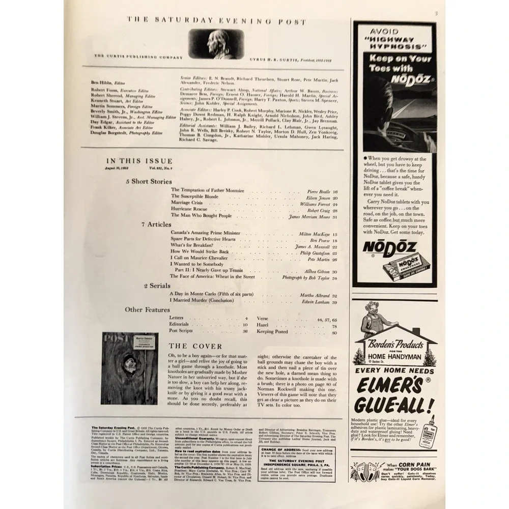 Saturday Evening Post Aug. 30 1958 Through a Knothole Rockwell Coca Cola Car Ad